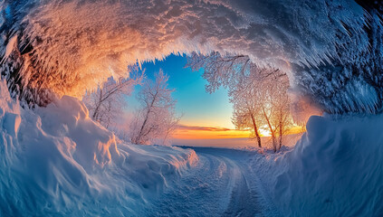 Winter road framed by icy arch, snow-covered trees, and brilliant sunset light