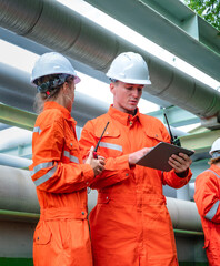 Male and female petrochemical engineer teammates working together in petroleum plant