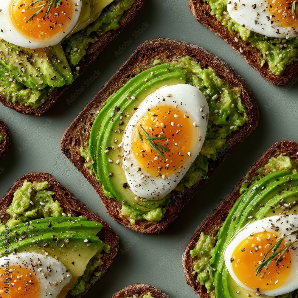 Poster flat lay style avocado toast topped with a perfectly cooked egg and sprinkled with seeds, presented 