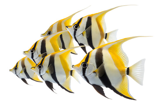A group of six butterfly fish swimming together. They have distinctive yellow and black stripes with elongated fins. The background is transparent.