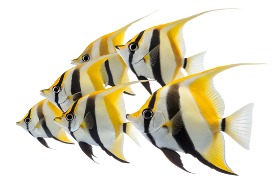 A group of six butterfly fish swimming together. They have distinctive yellow and black stripes with elongated fins. The background is transparent.