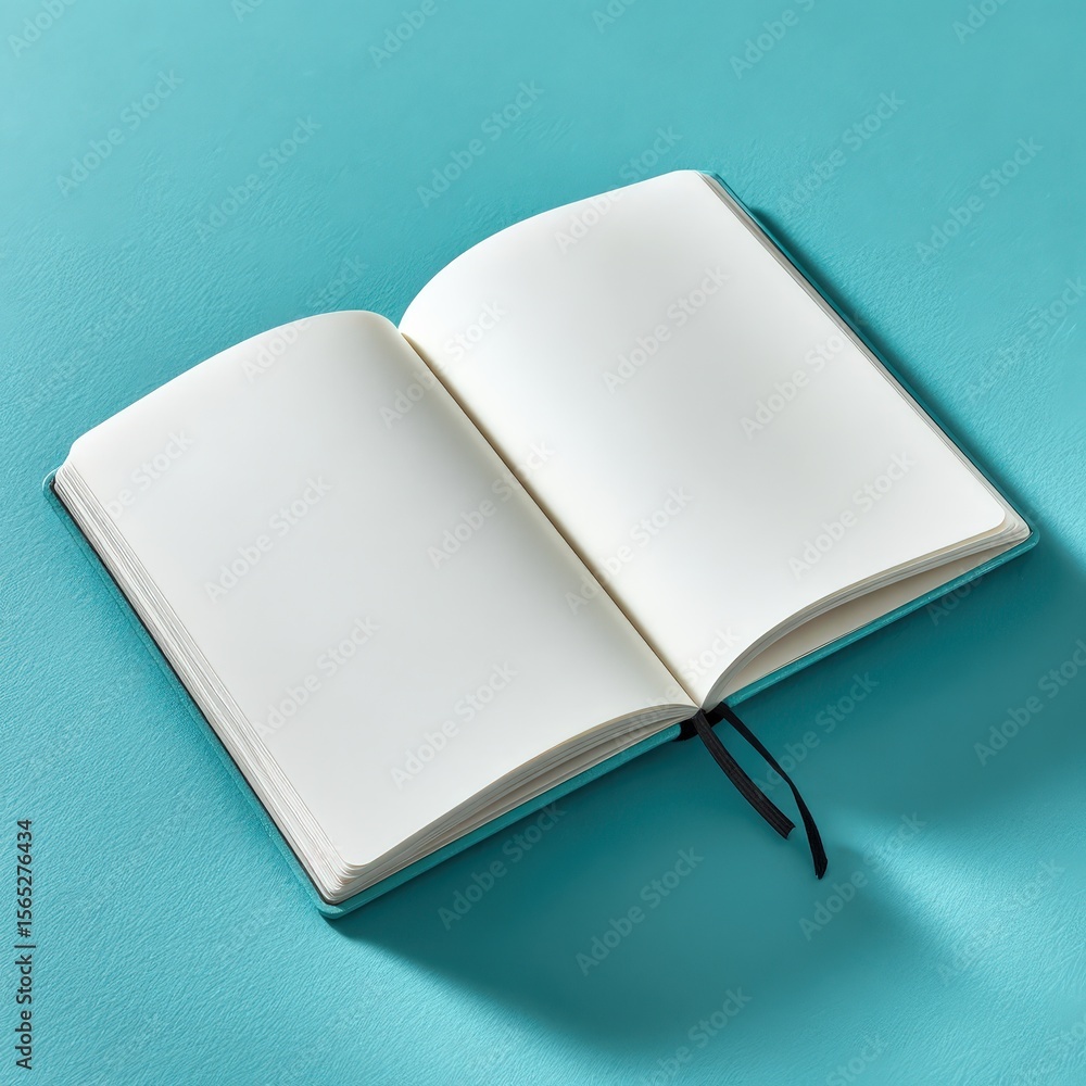 Poster flat lay style an open blank notebook on a turquoise background, inviting creativity and ideas.