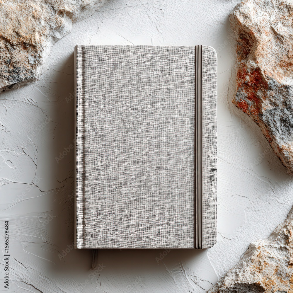 Poster flat lay style a textured gray notebook surrounded by natural stone elements on a smooth surface, cr