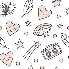 Minimal Playful Doodle Icons – Seamless Vector.
Fun seamless pattern of minimal doodle icons like faces and hearts in pastel tones. Great for stationery, youth branding and digital use.