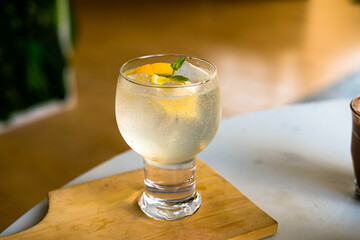 A refreshing citrus sparkling drink with orange slices and mint, chilled in a stylish glass on a...