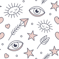 Minimal Playful Doodle Icons – Seamless Vector.
Fun seamless pattern of minimal doodle icons like faces and hearts in pastel tones. Great for stationery, youth branding and digital use.