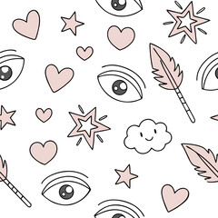 Minimal Playful Doodle Icons – Seamless Vector.
Fun seamless pattern of minimal doodle icons like faces and hearts in pastel tones. Great for stationery, youth branding and digital use.