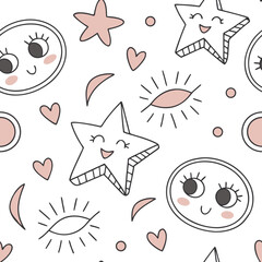 Minimal Playful Doodle Icons – Seamless Vector.
Fun seamless pattern of minimal doodle icons like faces and hearts in pastel tones. Great for stationery, youth branding and digital use.