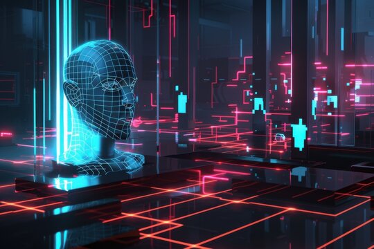 AI hologram monitors cyber threats in a dark digital landscape