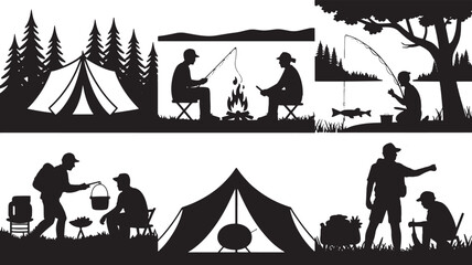 Silhouettes of People Setting Up Tents and Sitting Around a Campfire
