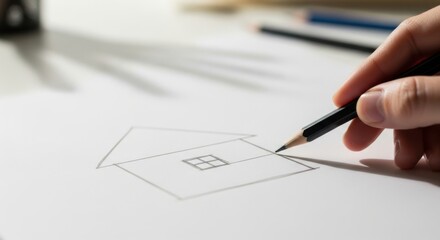 Drawing Simple House with Pencil on White Paper