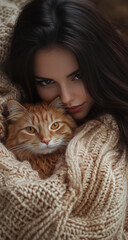Woman in soft blanket with cat in lap, photorealistic interior cozy atmosphere