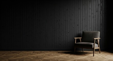 Armchair in Room with Dark Wood Paneling and Parquet Flooring