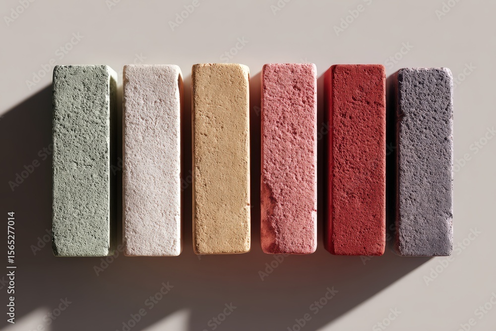 Poster flat lay style rectangular blocks with various textures and colors arranged in a row, casting shadow