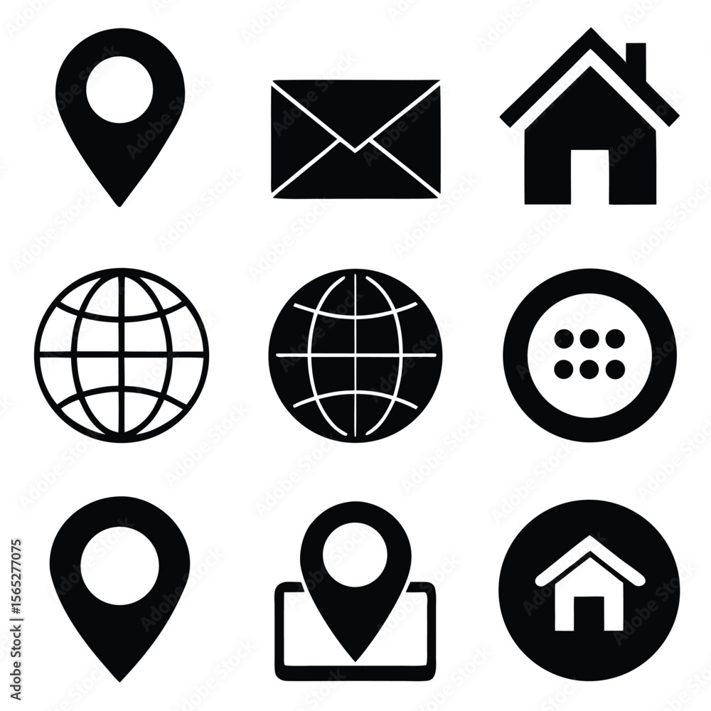 Poster minimalist black icons set home location globe email phone in grid layout for apps.