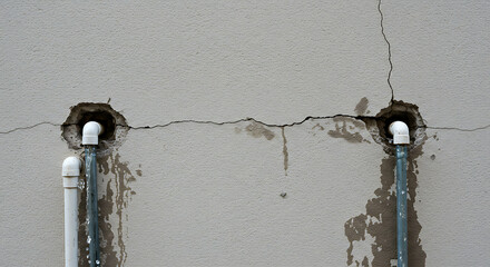 Two white pipes emerging from a cracked and water-damaged concrete wall, showing signs of plumbing issues, leaks, and structural decay.
