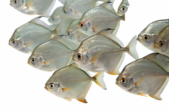 A school of silver fish swimming together. The fish have a streamlined body and reflective scales, creating a shimmering effect against a transparent background.