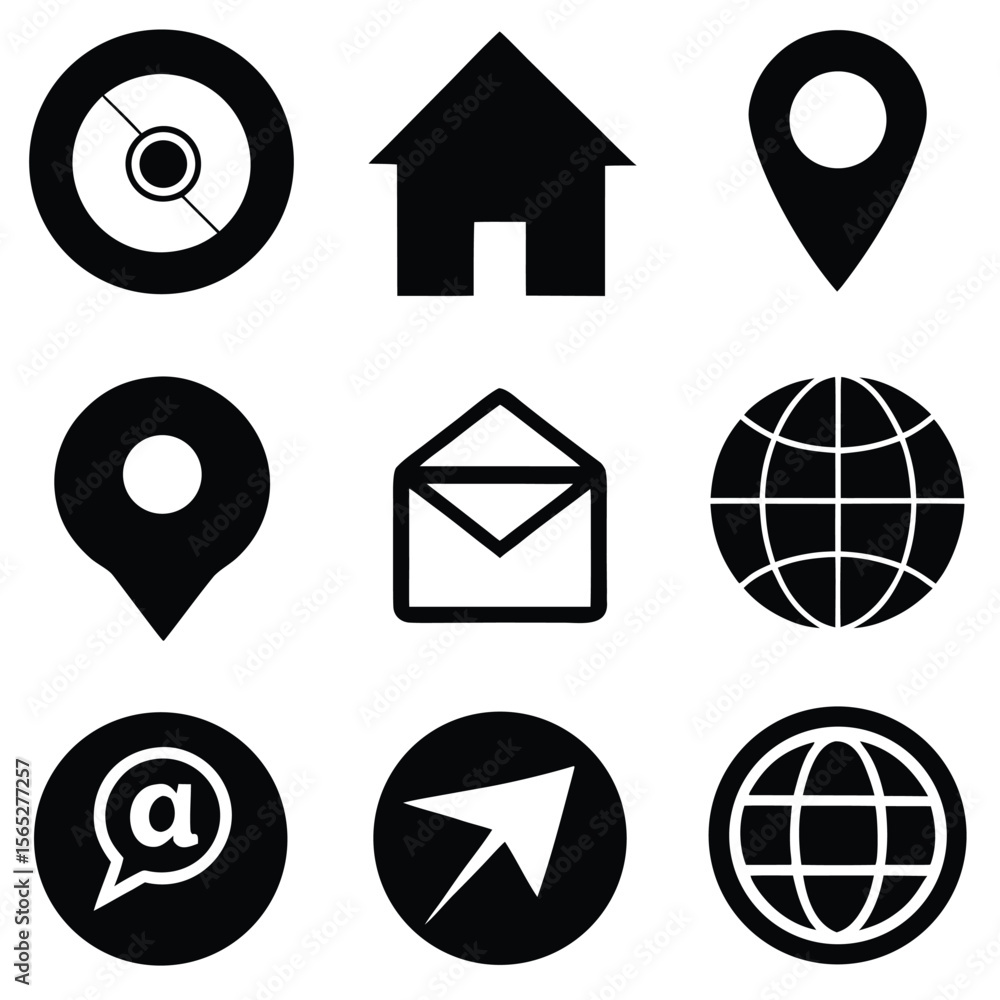 Poster minimalist black icons set in grid home location globe email phone for web and app navigation.