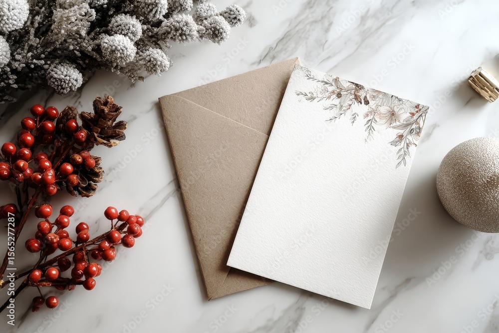 Poster flat lay style two textured notebooks on a marble surface, surrounded by winter foliage and red berr