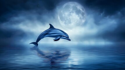 Fototapeta premium Dolphin leaping under moonlight
