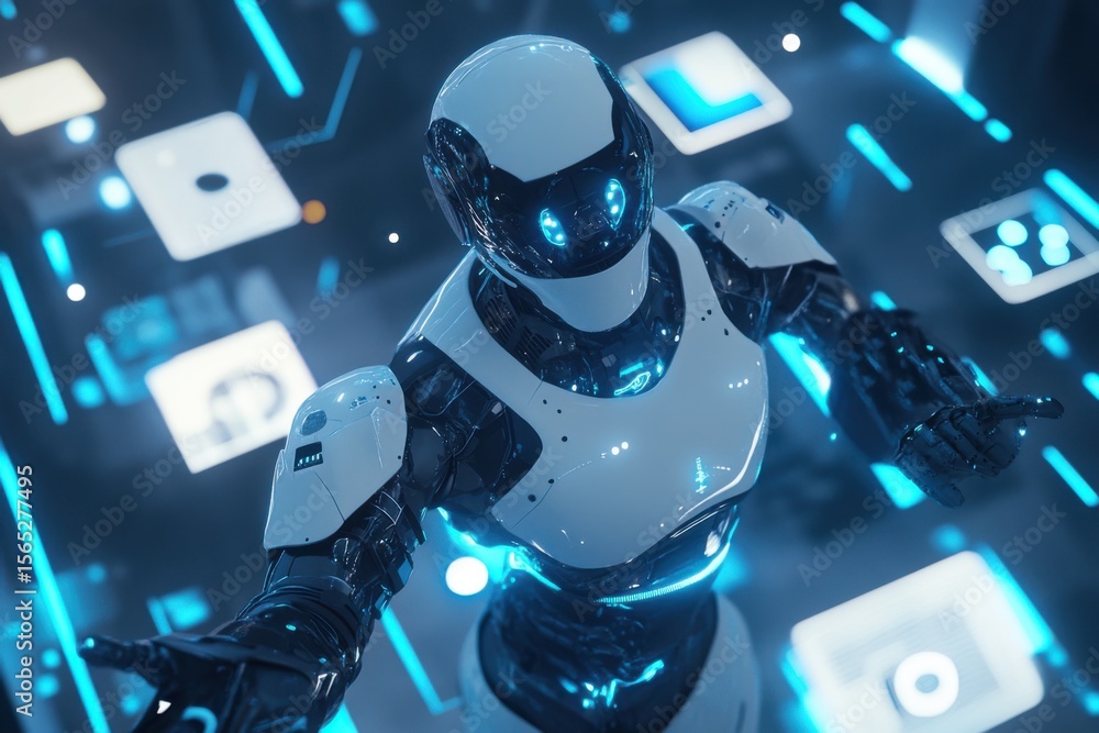 Poster robotic figure represents process automation in a futuristic digital environment