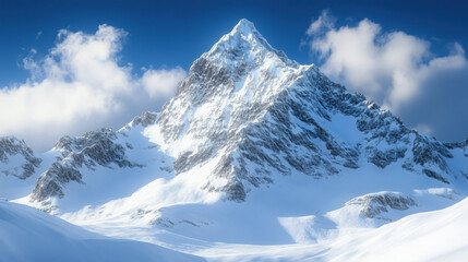 Fototapeta premium a towering snow-covered peak with rugged textures, deep shadows, and a crisp blue sky behind it, dramatic winter scenery