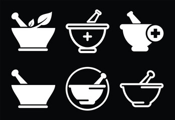 Collection of six diverse mortar and pestle icons representing pharmacy and herbal medicine, white on black background