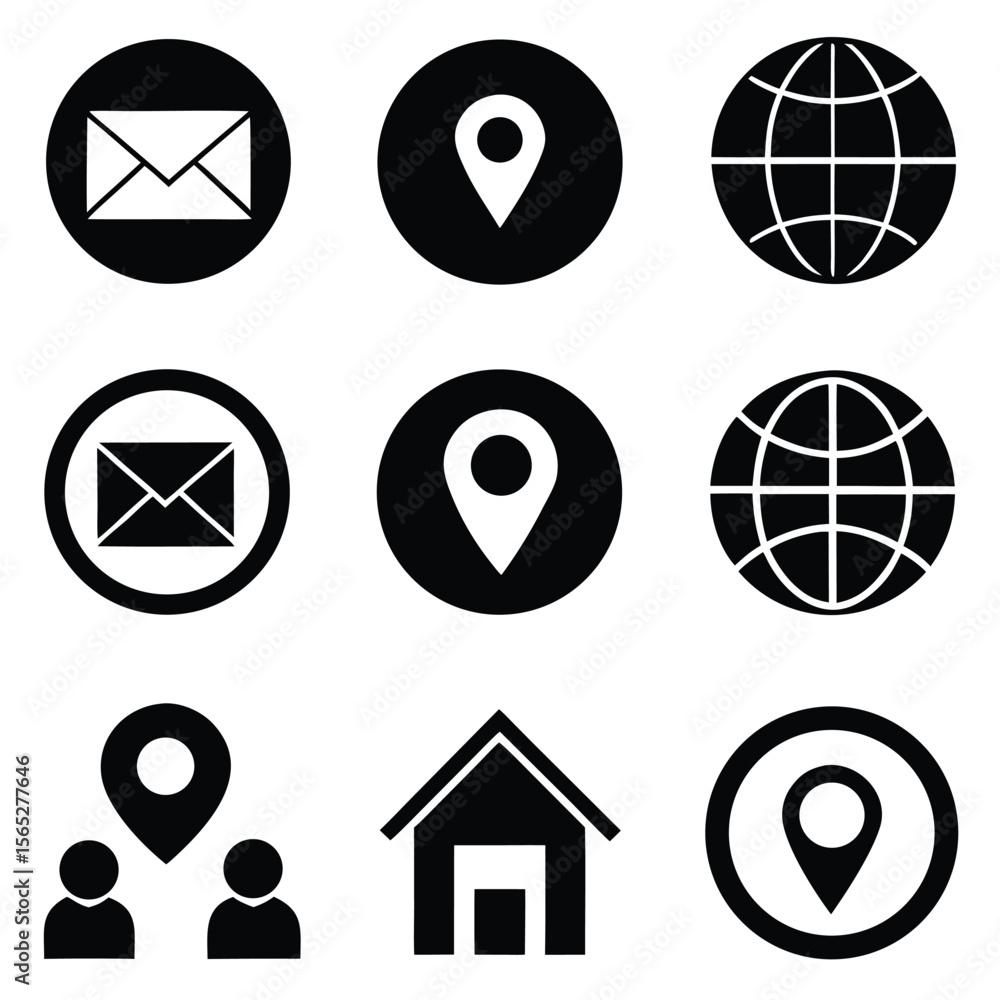 Poster minimalist icon collection for web and app navigation home location globe email phone.