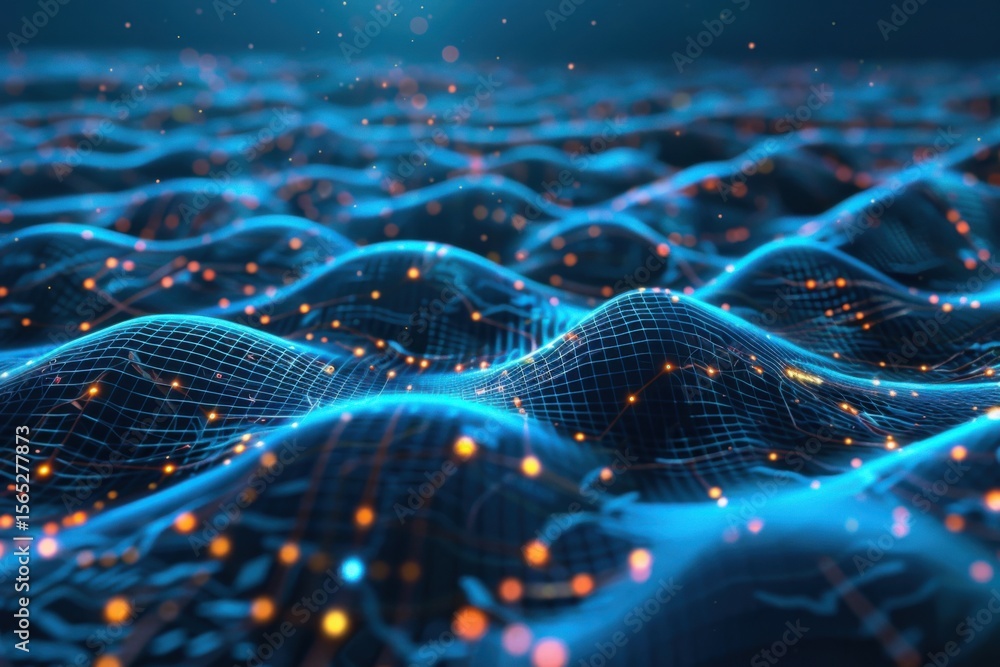 Poster digital waves of technology in a blue style with glowing nodes and circuits