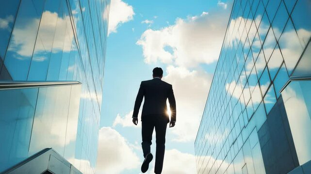 Confident ascent on modern glass staircase between skyscrapers