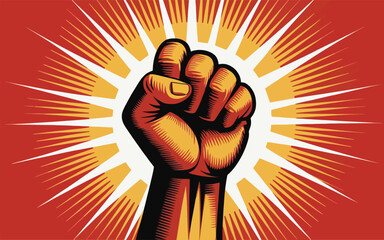 Clenched fist raised against sunburst power strength