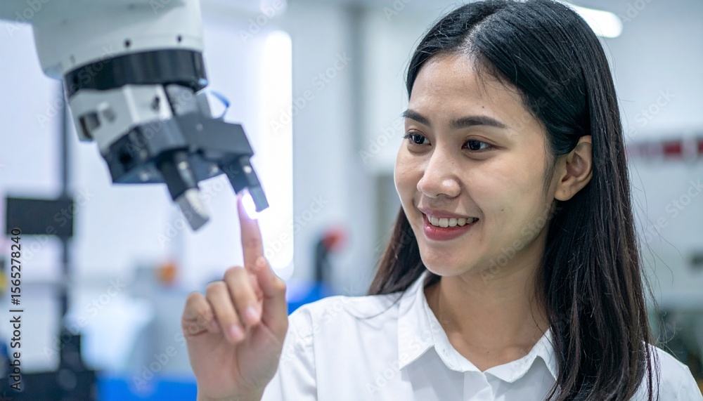 Poster a scientist interacts with a robotic arm in a lab. the scene showcases innovation and technological 