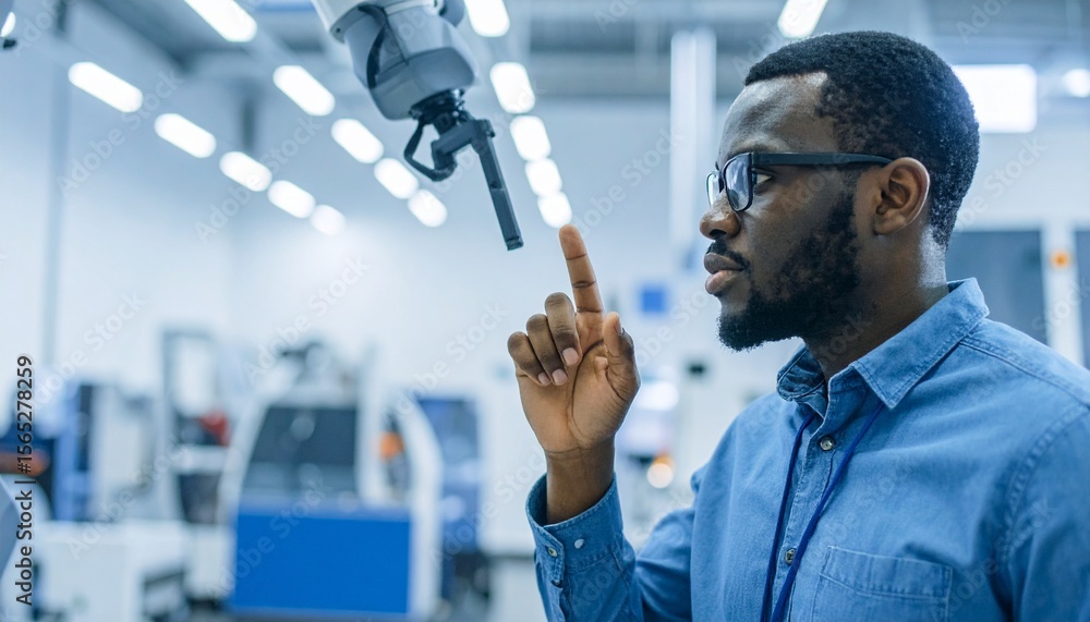 Poster an engineer inspects the functionality of a robotic arm in a high-tech industrial setting. the engin