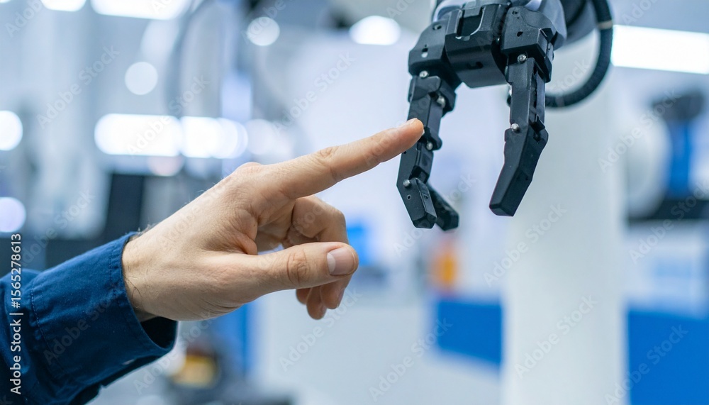 Poster human hand and robotic arm nearly touching, symbolizing collaboration between human and machine inte