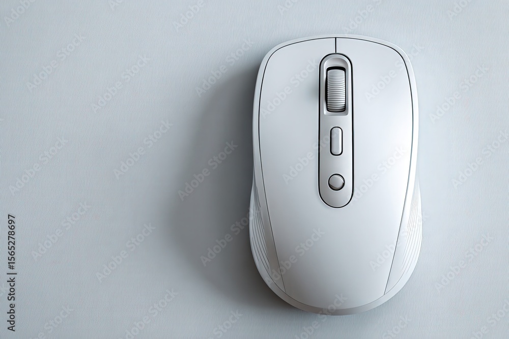 Poster flat lay style a modern white computer mouse positioned on a textured surface, showcasing its ergono