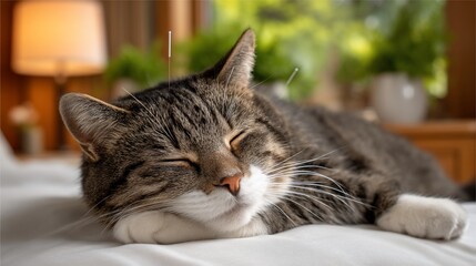 Tabby cat receives acupuncture treatment indoors