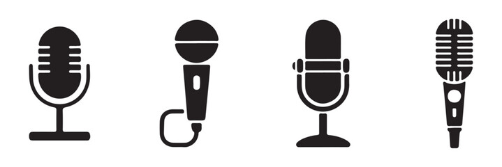 Microphone icon set. Audio speech podcast mic vector symbol. Different microphone collection. Thin line microphone pictogram. Voice record mike icon in black. Vector illustration