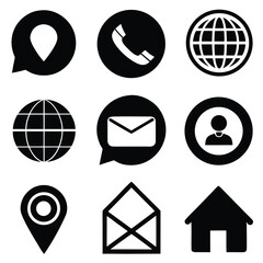 Modern Black Icons Collection for Website App Navigation Home Location Email Phone Globe.