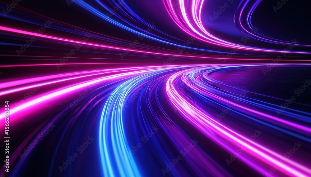 Poster abstract light trails with radial motion blur and neon effect: high speed of light in a futuristic d