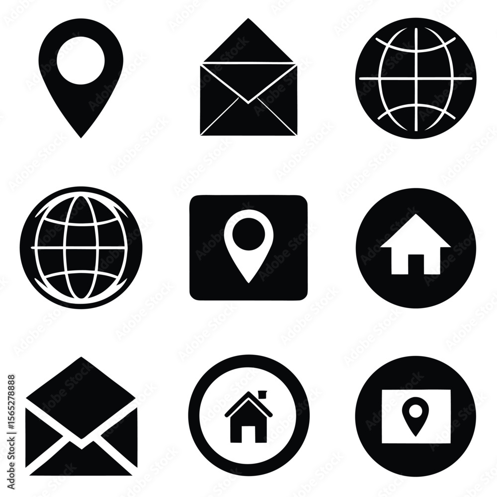 Poster modern grid of black icons for navigation home location globe email phone solid and outlined.