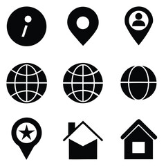 Modern Black Icons Grid for Navigation Home Location Globe Email Phone.
