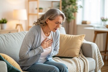 Obraz premium Senior Woman Experiencing Chest Pain at Home Possibly a Heart Attack or Angina Pectoris Sitting on a Sofa in a Bright Living Room Seeking Medical