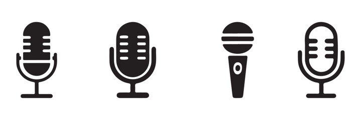 Microphone icon set. Audio speech podcast mic vector symbol. Different microphone collection. Thin line microphone pictogram. Voice record mike icon in black. Vector illustration