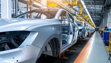 An automotive manufacturing line of vehicles. The vehicles are in various stages of completion, showcasing the process