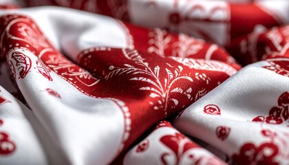 A close-up, highly detailed shot of the intricate patterns and textures of traditional Indonesian batik, incorporating subtle red and white motifs and symbols of independence