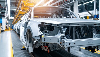 Assembly line with several cars being manufactured, an inside shot of a car production factory. Showing progress of assembly.