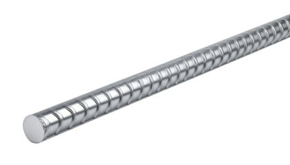 A close-up of a steel rebar against a plain backdrop. The metallic surface reflects light, highlighting its ribbed texture.