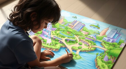 Child Sketching Futuristic Eco-Friendly City with Flying Cars