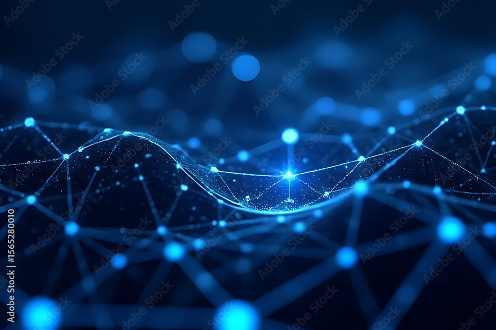 Poster abstract blue network of connected dots and lines forming a digital data landscape with blurred boke