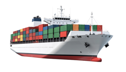 A large container ship loaded with shipping containers sailing on the sea. It symbolizes the global trade and transportation